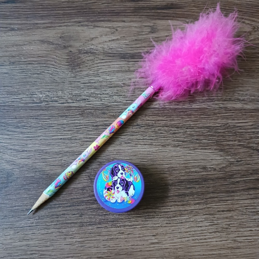 Vintage Lisa Frank Bunny Pencil With Feather Topper Dog Pencil Sharpener